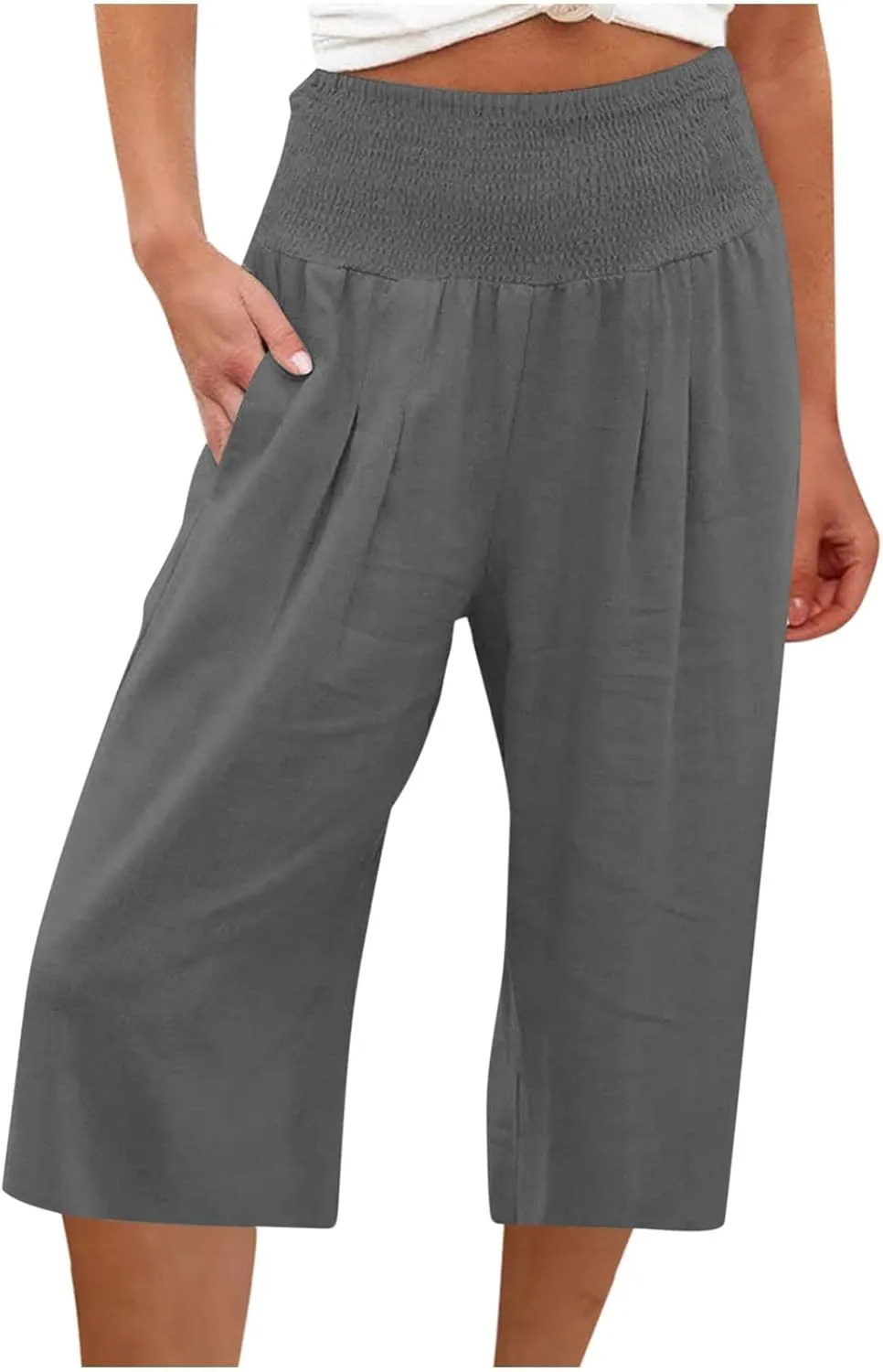 Xiaojmake Womens Linen Capri Pants Casual Cropped Pants Elastic Waist Summer Trousers 3/4 Length Sports Pants with Pockets