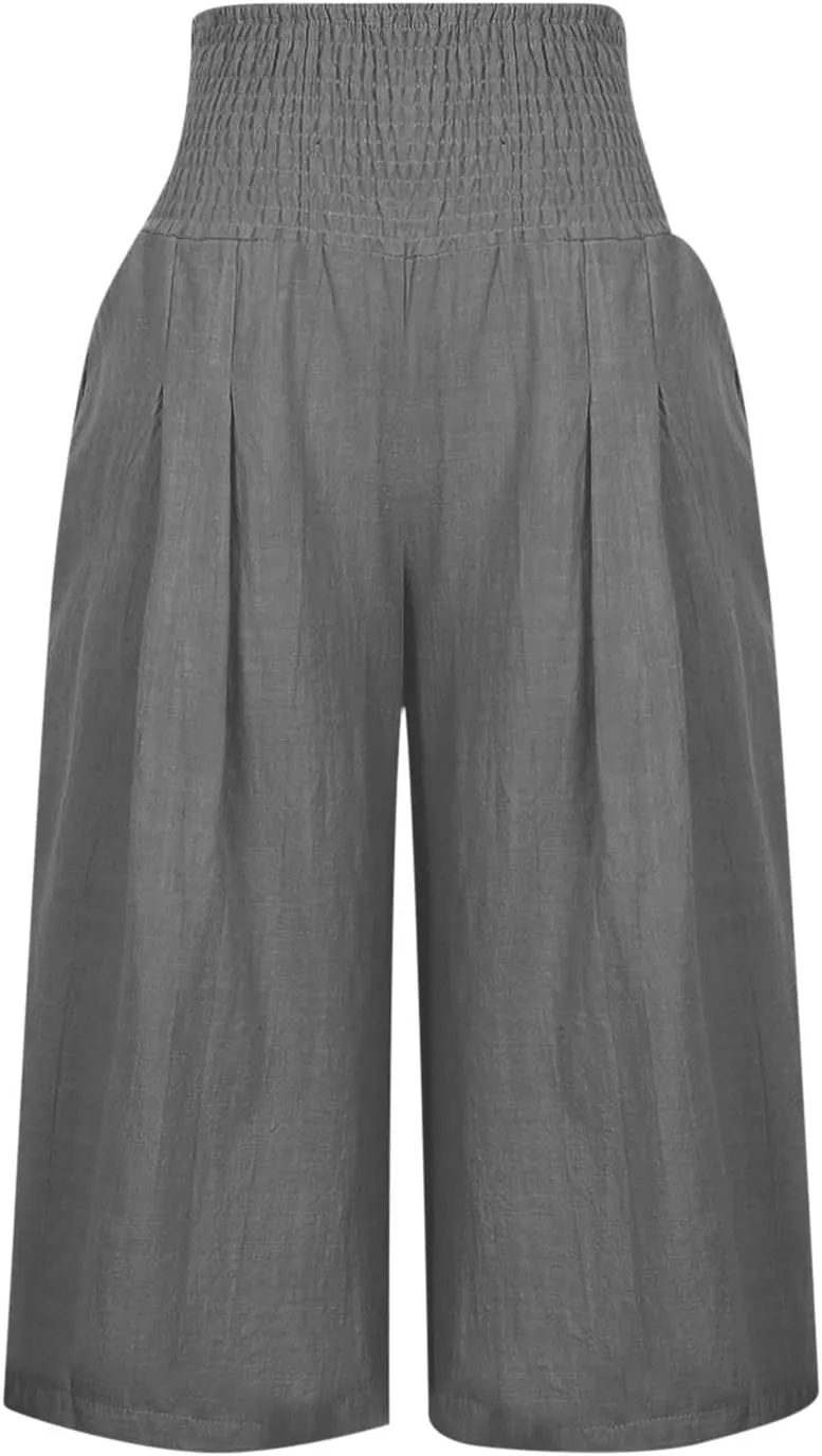 Xiaojmake Womens Linen Capri Pants Casual Cropped Pants Elastic Waist Summer Trousers 3/4 Length Sports Pants with Pockets
