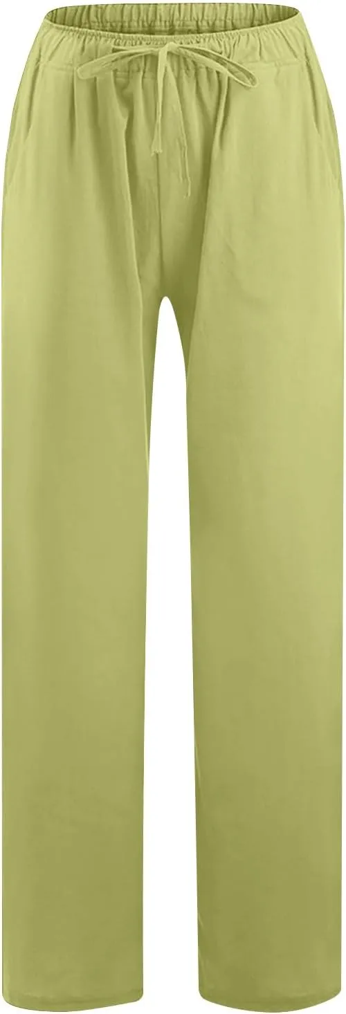 Xiaojmake Womens Linen Palazzo Pants Summer Loose Wide Leg Pants Drawstring Tie Elastic High Waist Trousers with Side Pockets