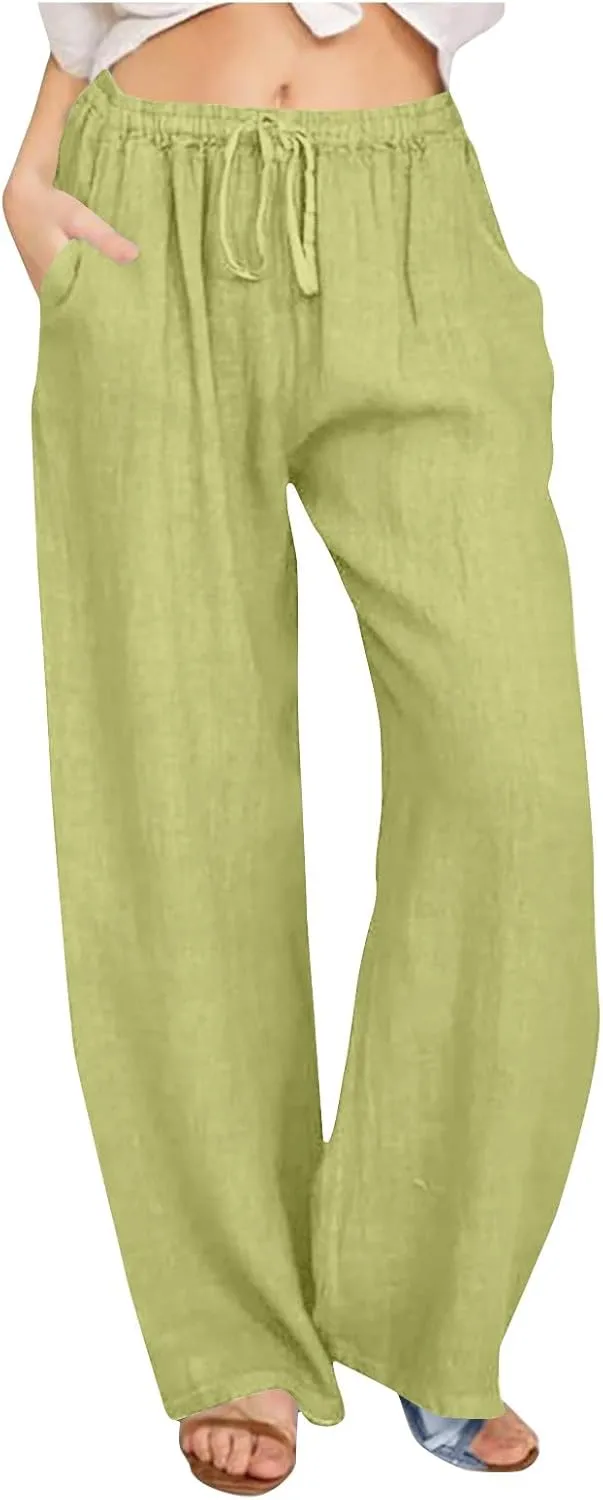 Xiaojmake Womens Linen Palazzo Pants Summer Loose Wide Leg Pants Drawstring Tie Elastic High Waist Trousers with Side Pockets