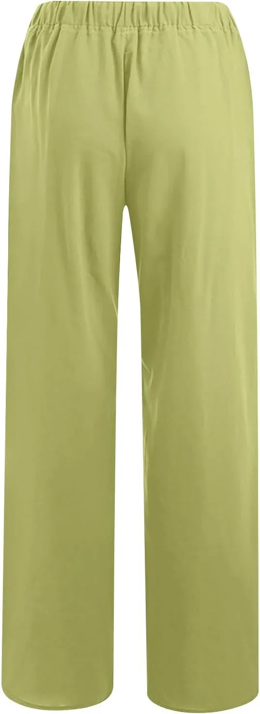 Xiaojmake Womens Linen Palazzo Pants Summer Loose Wide Leg Pants Drawstring Tie Elastic High Waist Trousers with Side Pockets