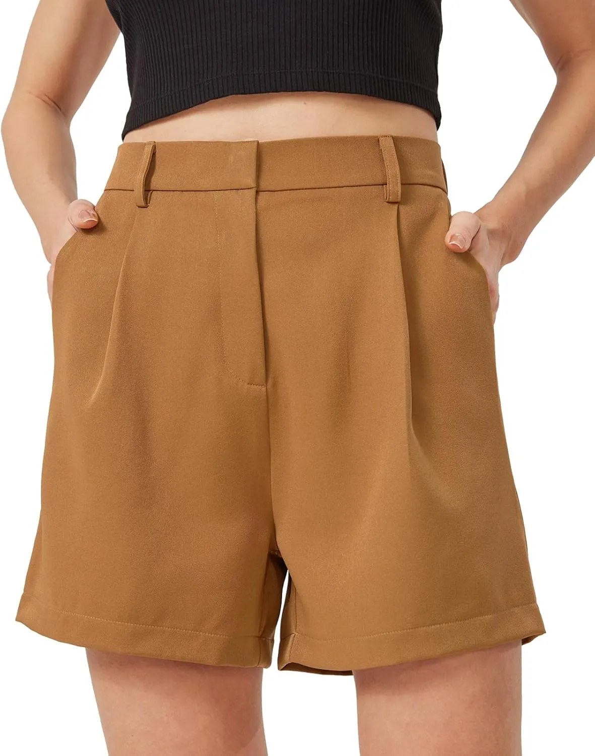 XinYangNi Casual Elastic High Waisted Tailored Work Business Pleated Wide Leg Dressy Shorts with 2 Pockets for Women