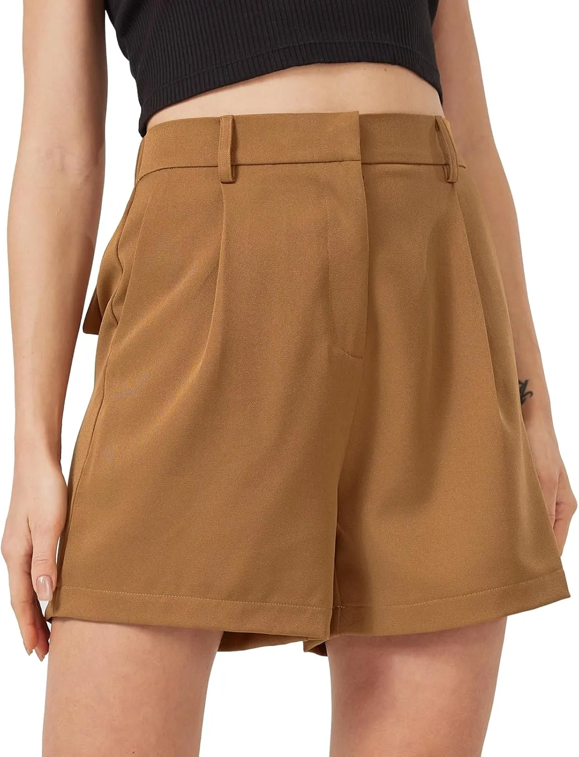 XinYangNi Casual Elastic High Waisted Tailored Work Business Pleated Wide Leg Dressy Shorts with 2 Pockets for Women