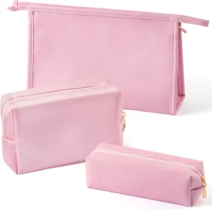 Y1tvei Makeup Bag for Women - 3Pcs Minimalist PU Leather Makeup Bag Set, Large Cosmetic Pouch with Zipper for Purse, Travel Makeup Brush Holder, Waterproof Portable Cosmetic Toiletry Organizer(Pink)