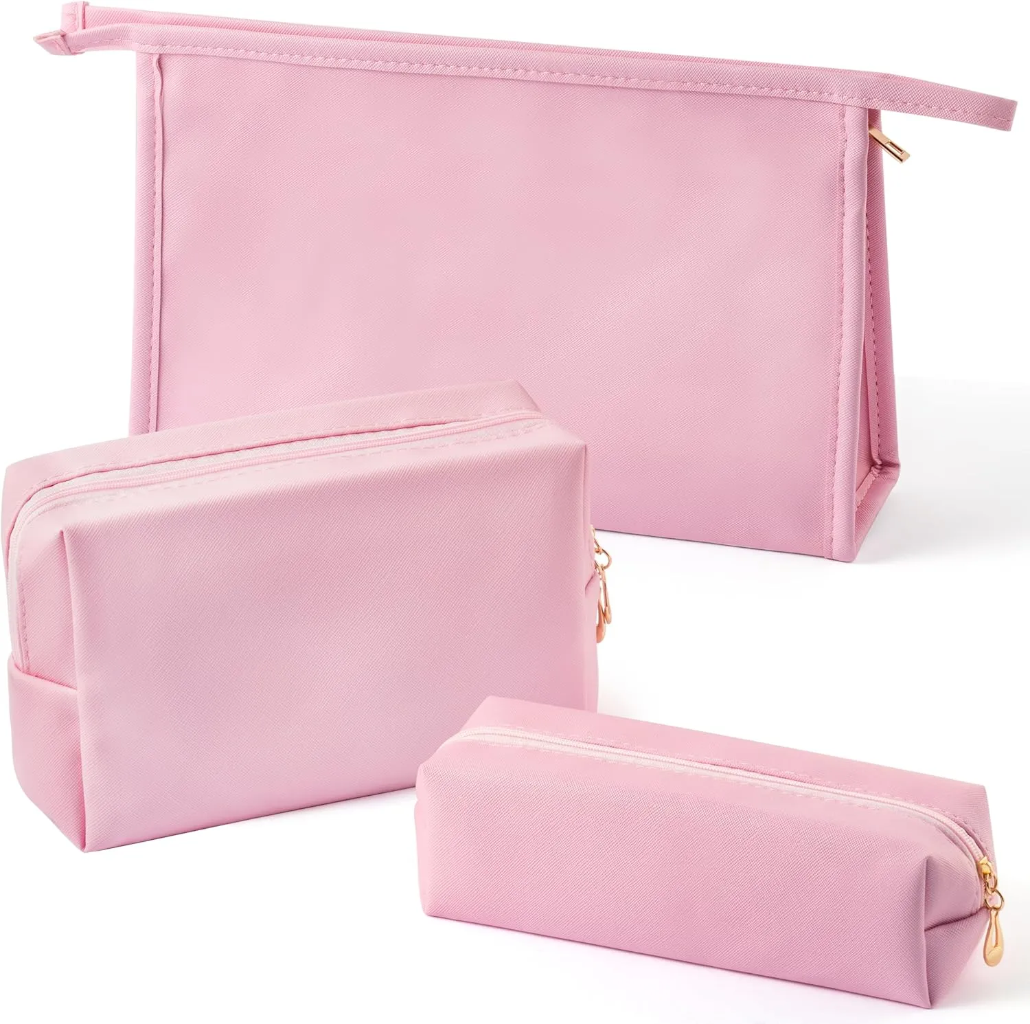 Y1tvei Makeup Bag for Women - 3Pcs Minimalist PU Leather Makeup Bag Set, Large Cosmetic Pouch with Zipper for Purse, Travel Makeup Brush Holder, Waterproof Portable Cosmetic Toiletry Organizer(Pink)