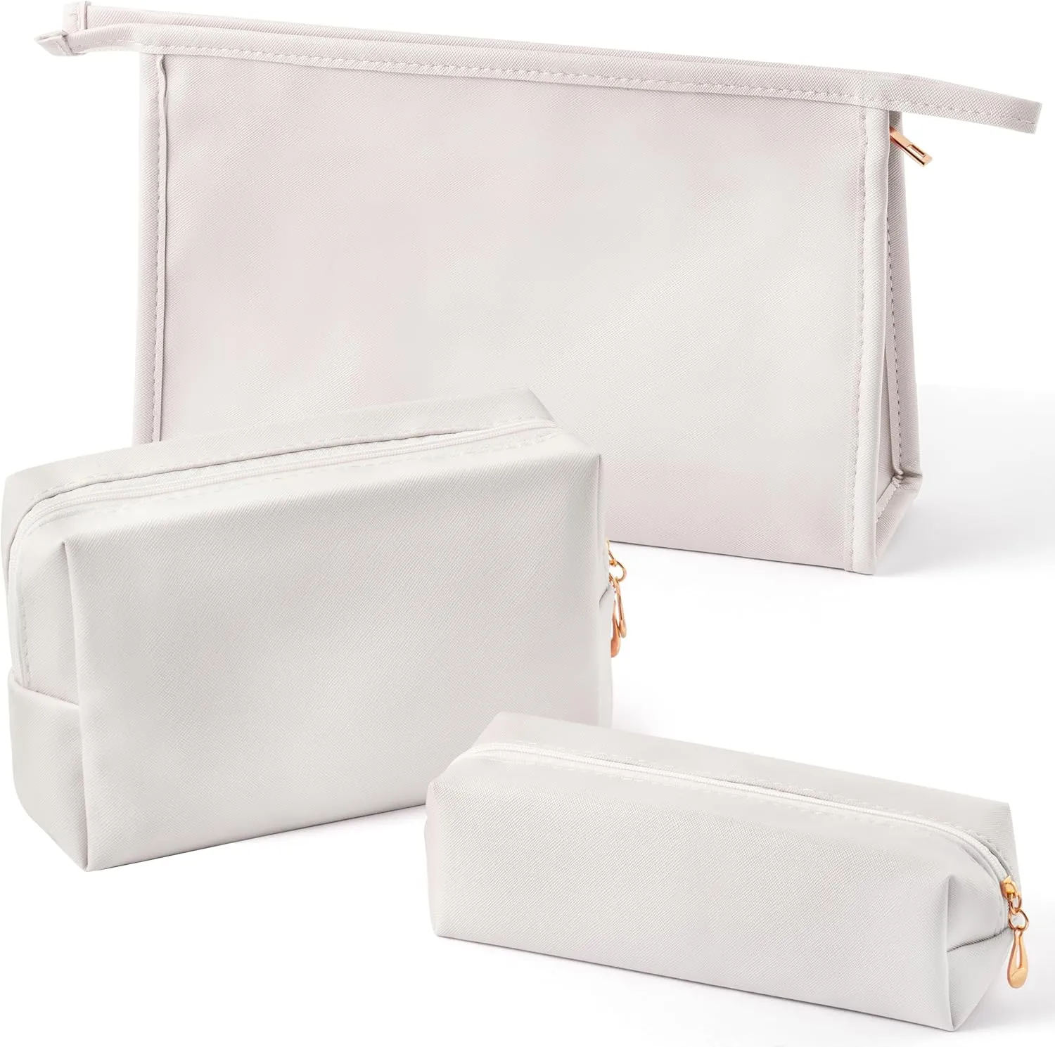 Y1tvei Makeup Bag for Women - 3Pcs Minimalist PU Leather Makeup Bag Set, Large Cosmetic Pouch with Zipper for Purse, Travel Makeup Brush Holder, Waterproof Portable Cosmetic Toiletry Organizer(White)
