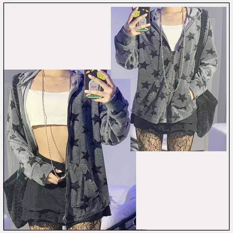 yamerbo Vintage Y2K Clothes Emo Zip Up Hoodie Long Sleeve Oversized Hooded Sweatshirt Harajuku Aesthetic Streetwear Jacket