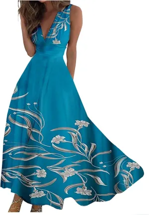 Yesunpxs Dresses for Women 2024 Wrap V Neck Flowy Ruched Maxi Dress Sleeveless Floral Printed Beach Dresses Boho Sundresses