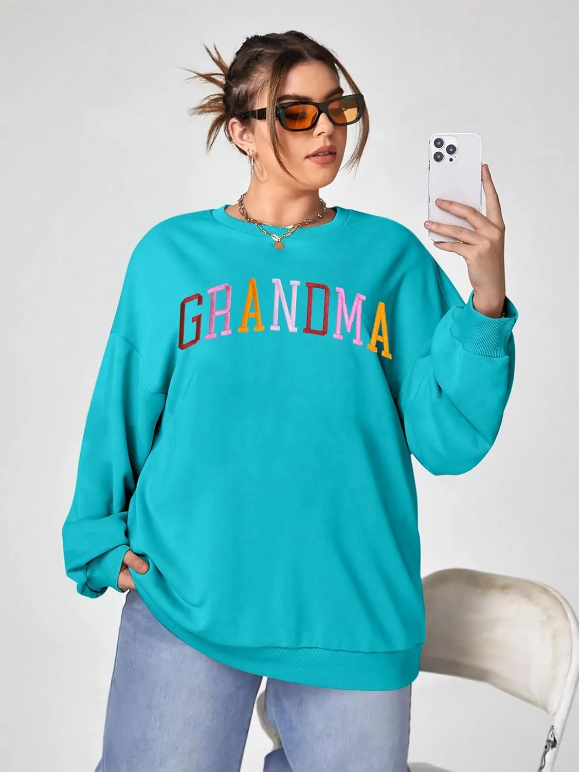 YI XIANG RAN Grandma Sweatshirt for Women - Embroidered Long Sleeve Pullover Top, Oversized
