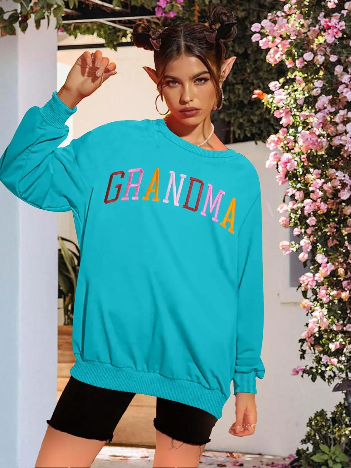 YI XIANG RAN Grandma Sweatshirt for Women - Embroidered Long Sleeve Pullover Top, Oversized