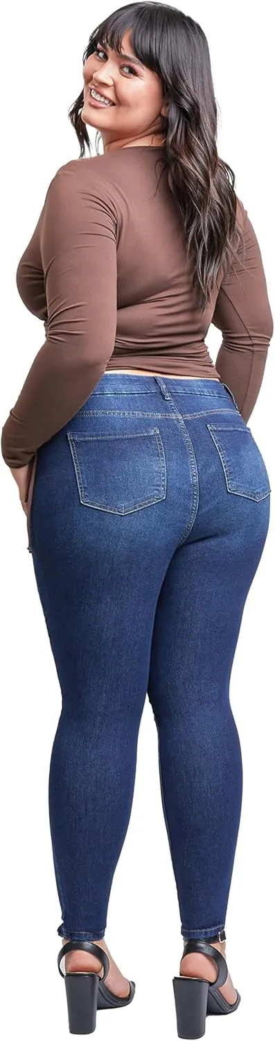 YMI Womens Curvy Fit 1-Button Tailored Wannabettabutt High Rise Skinny Jean Made with Recycled Fibers