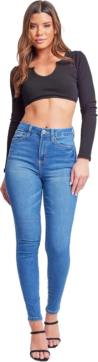 YMI Womens Curvy Fit 1-Button Tailored Wannabettabutt High Rise Skinny Jean Made with Recycled Fibers
