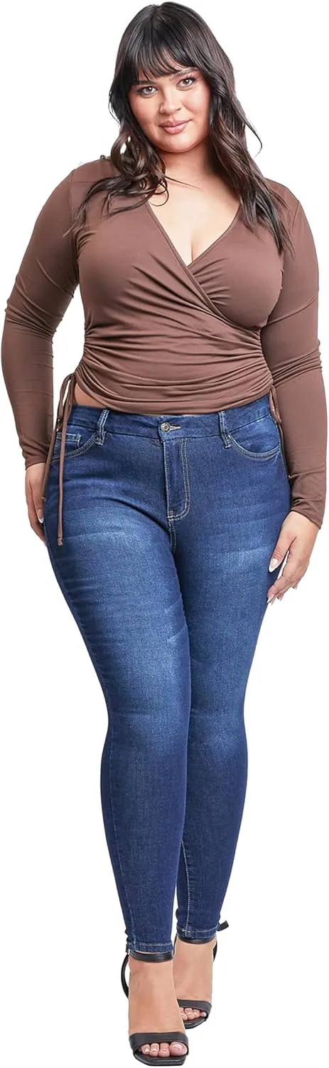 YMI Womens Curvy Fit 1-Button Tailored Wannabettabutt High Rise Skinny Jean Made with Recycled Fibers