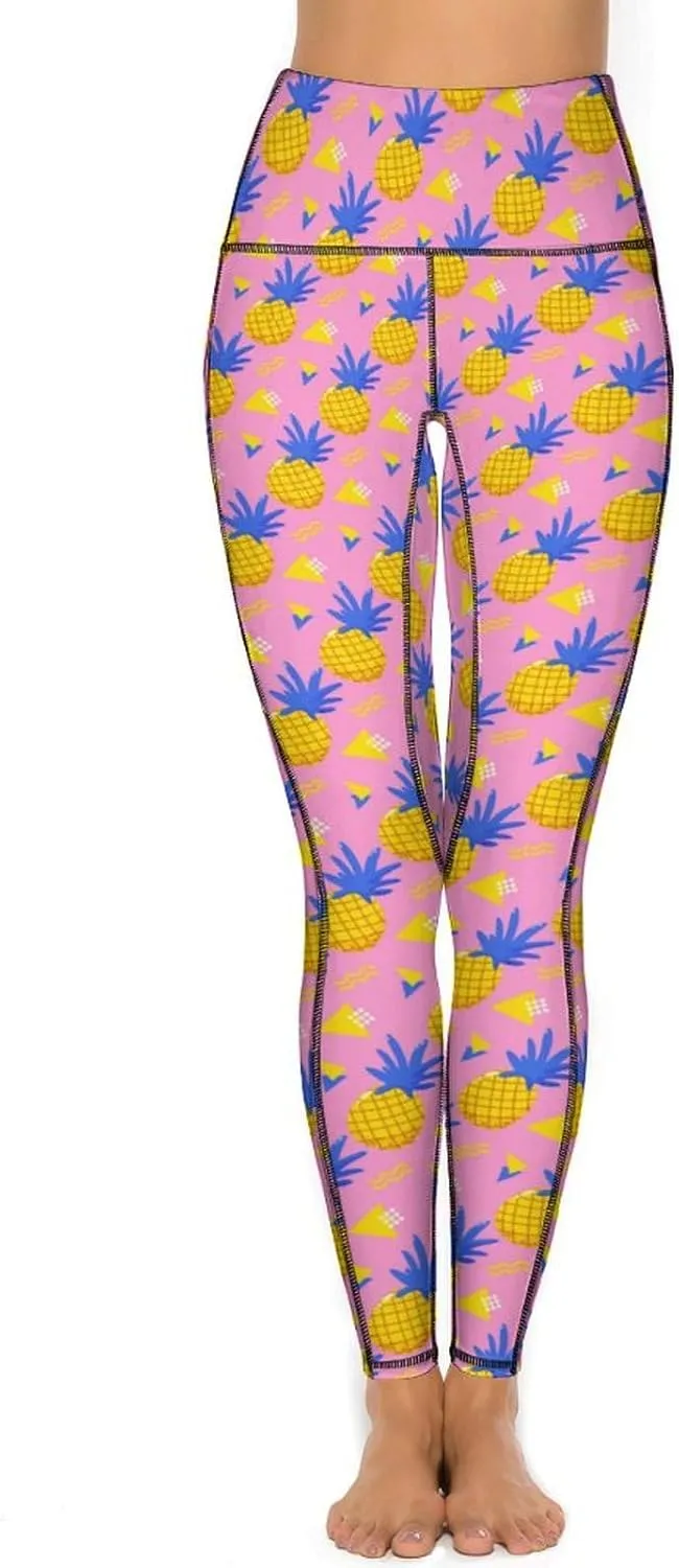 Yoga Pants with Pocket Women 80s 90s Pineapple Leggings High Waist Stretch Workout Trousers Fitness Tights for Running