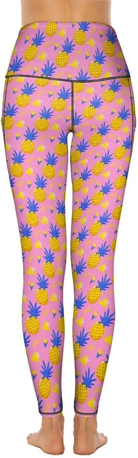 Yoga Pants with Pocket Women 80s 90s Pineapple Leggings High Waist Stretch Workout Trousers Fitness Tights for Running
