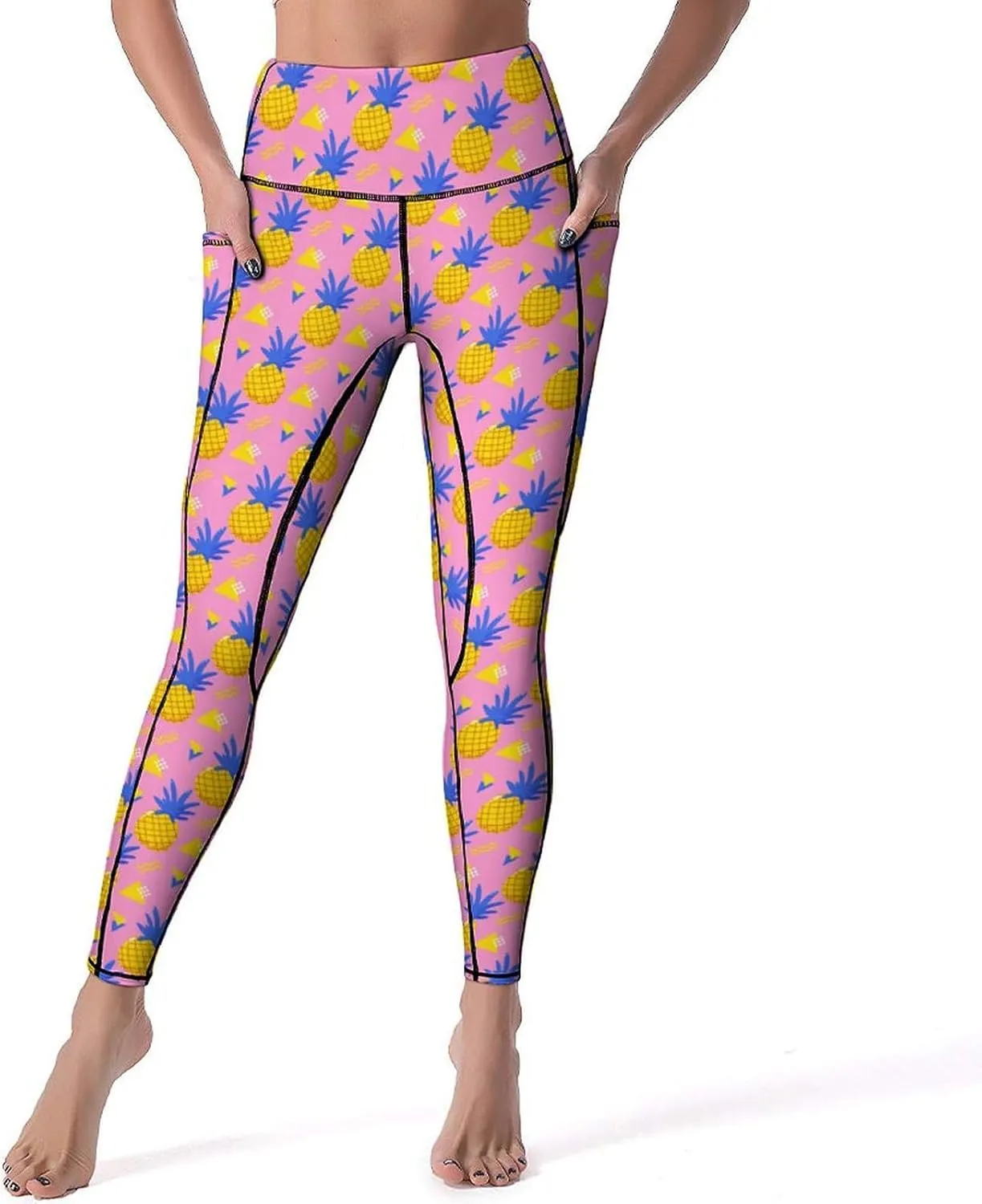 Yoga Pants with Pocket Women 80s 90s Pineapple Leggings High Waist Stretch Workout Trousers Fitness Tights for Running