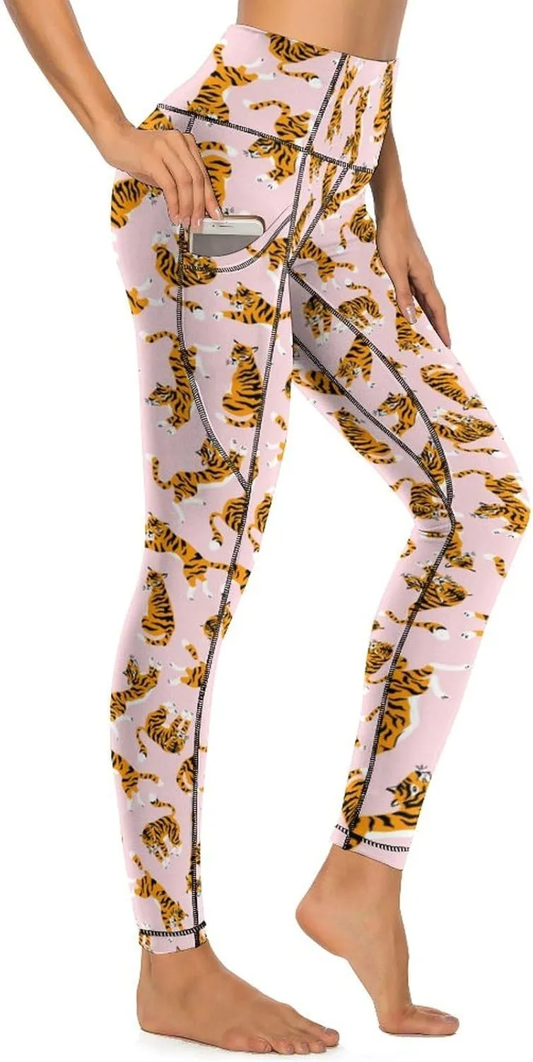 Yoga Pants with Pocket Women 80s 90s Pineapple Leggings High Waist Stretch Workout Trousers Fitness Tights for Running