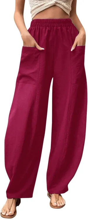 YOLAI Womens Cotton Linen Tapered Pant Elastic Waist Solid Color Harem Pant Summer Lightweight Wide Leg Trousers