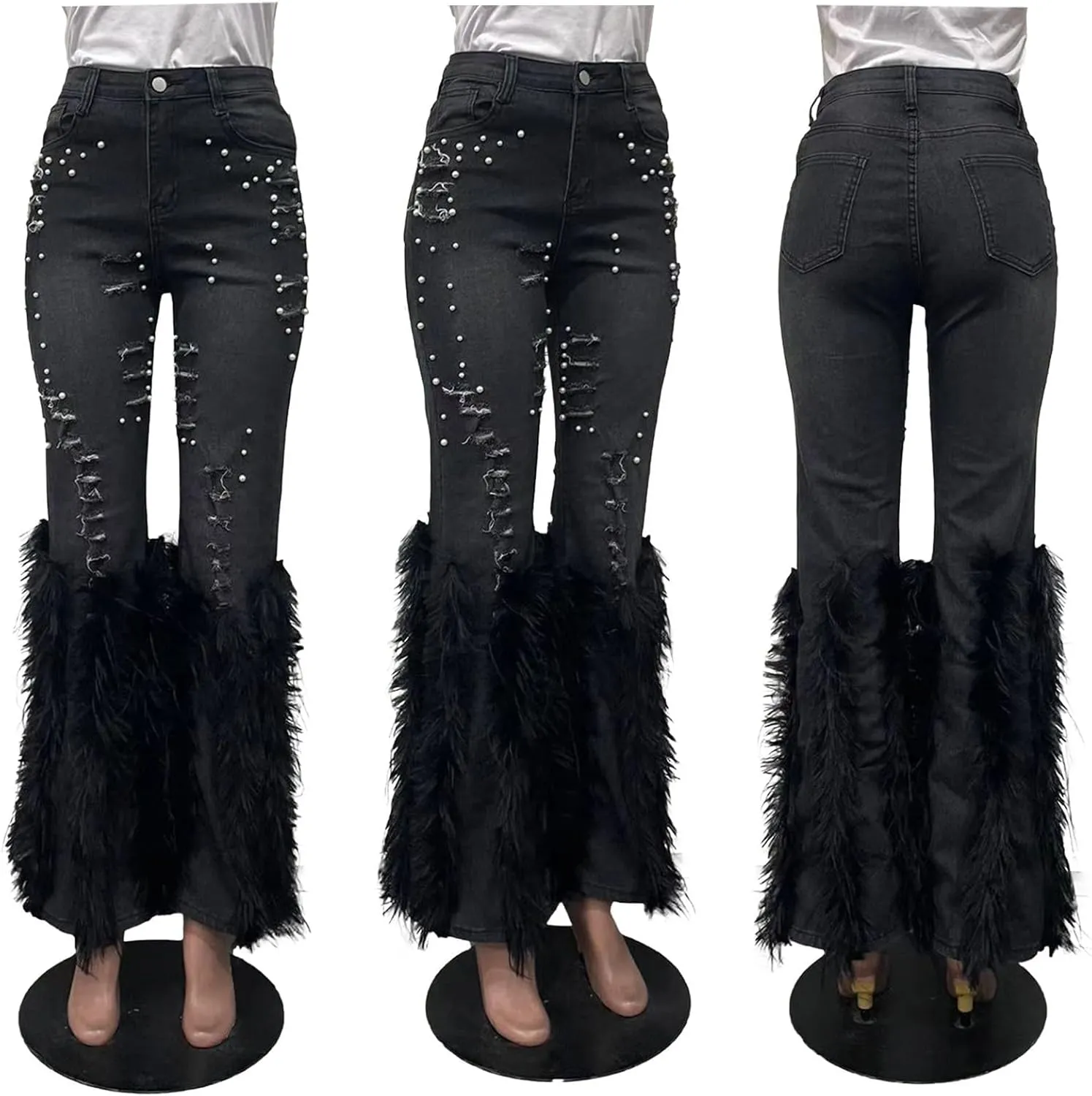 YOOTIKO Women Stretch Pearl Ripped Jeans High Waisted Butt Lifting Skinny Feather Flare Denim Pants