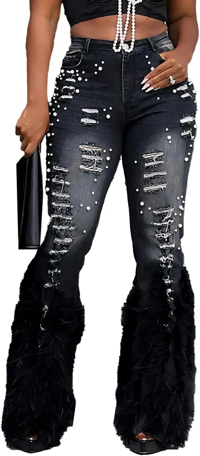 YOOTIKO Women Stretch Pearl Ripped Jeans High Waisted Butt Lifting Skinny Feather Flare Denim Pants