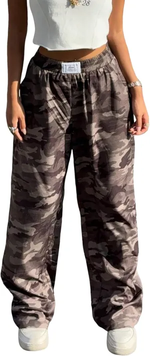 ZAFUL Women's Camo Cargo Pants Y2K Elastic High Waisted Wide Leg Casual Straight Pants Joggers Sweatpants with Patch Detail