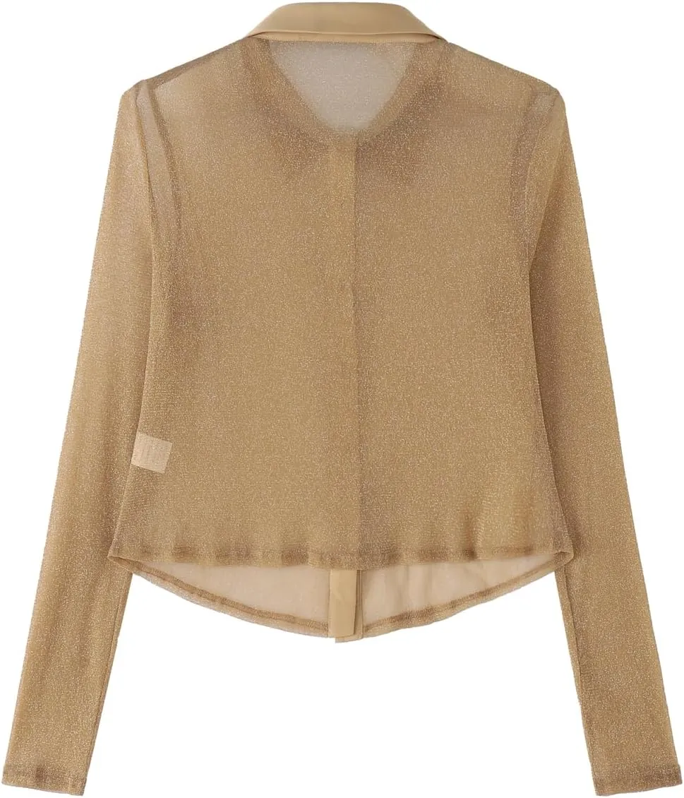 ZANZEA Women's Sexy Mesh Shirt Sheer Button Up Blouse See Through Long Sleeve Crop Top