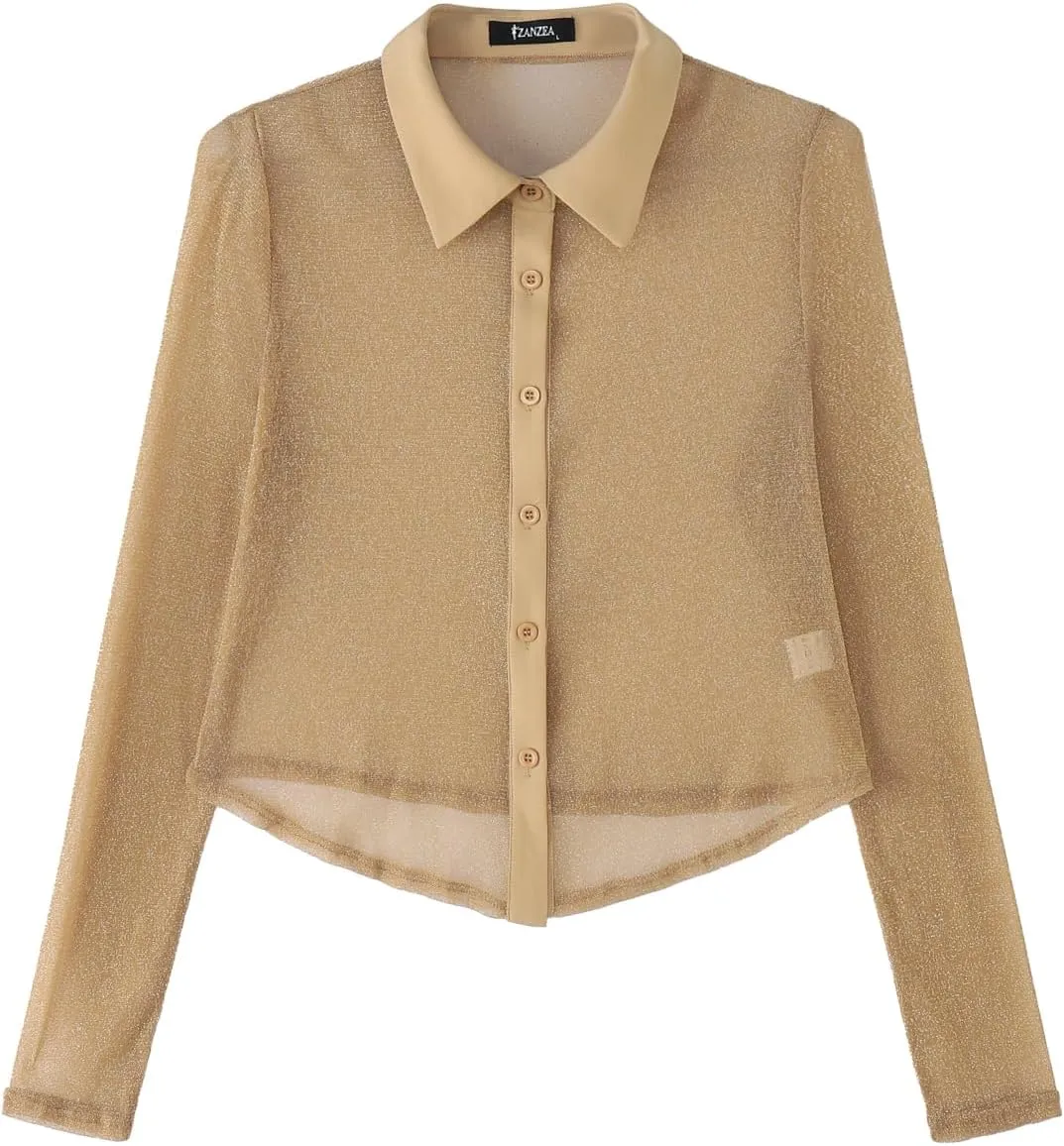 ZANZEA Women's Sexy Mesh Shirt Sheer Button Up Blouse See Through Long Sleeve Crop Top