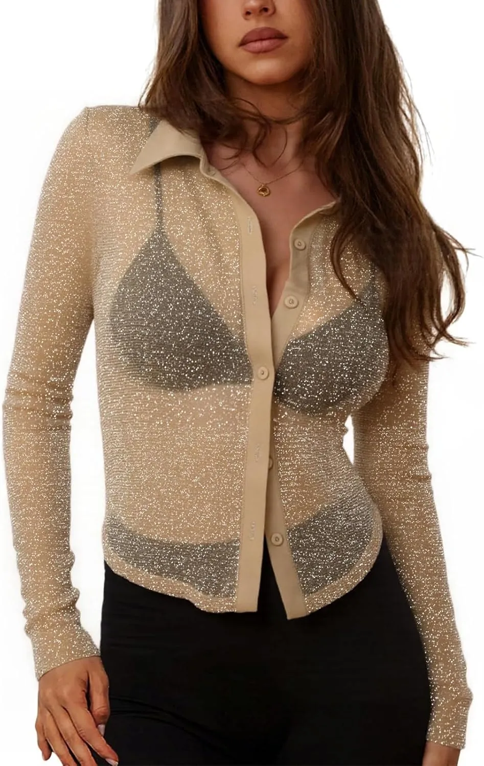 ZANZEA Women's Sexy Mesh Shirt Sheer Button Up Blouse See Through Long Sleeve Crop Top